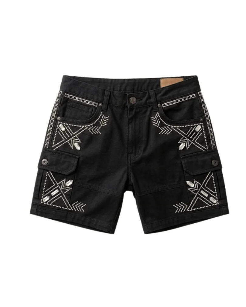 Rhinestone Graphic Black Cargo Shorts – Geometric Crystal Denim Shorts