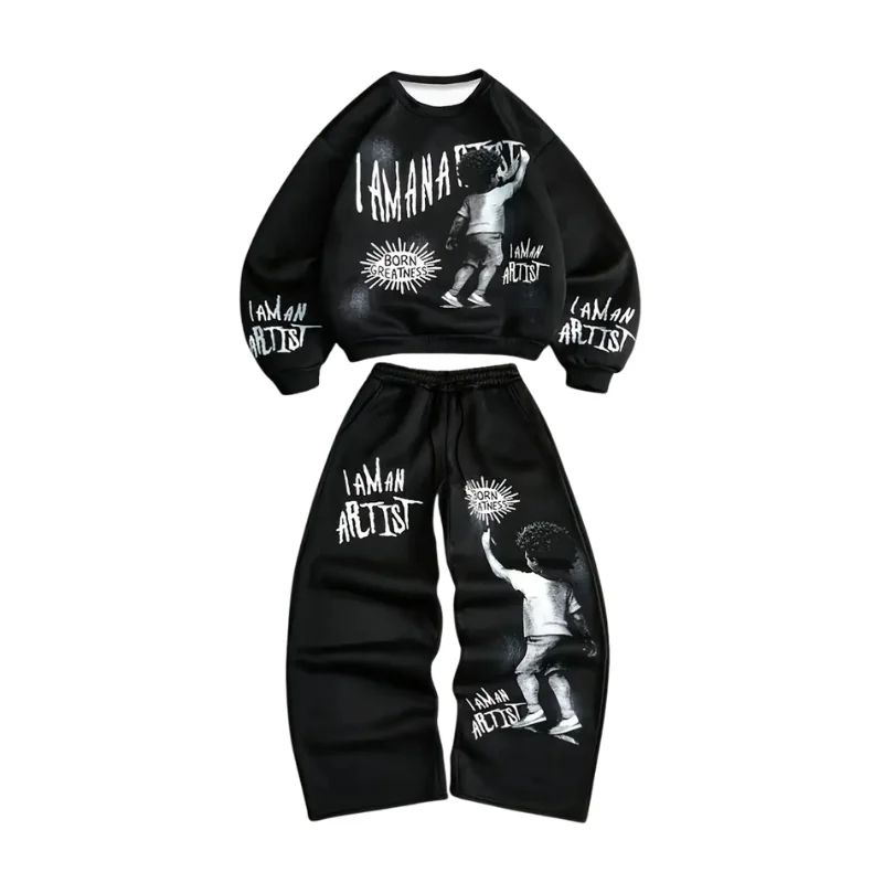 Black Graphic Streetwear Tracksuit – Oversized "I Am An Artist" Puff Print Sweatshirt & Joggers Set