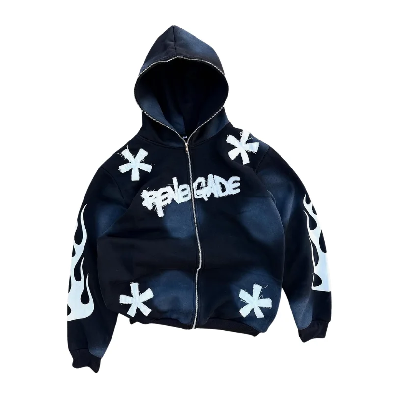 Renegade Flame Distressed Zip Up Hoodie – Black